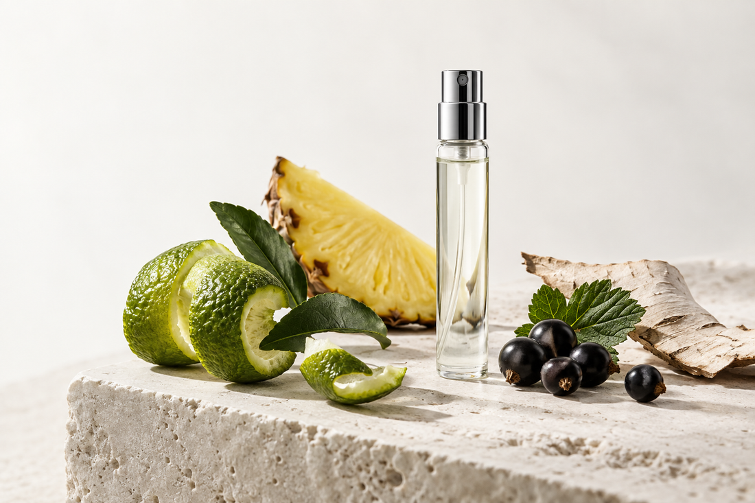 Unbranded fragrance sample with bergamot, pineapple, blackcurrant leaves and birch