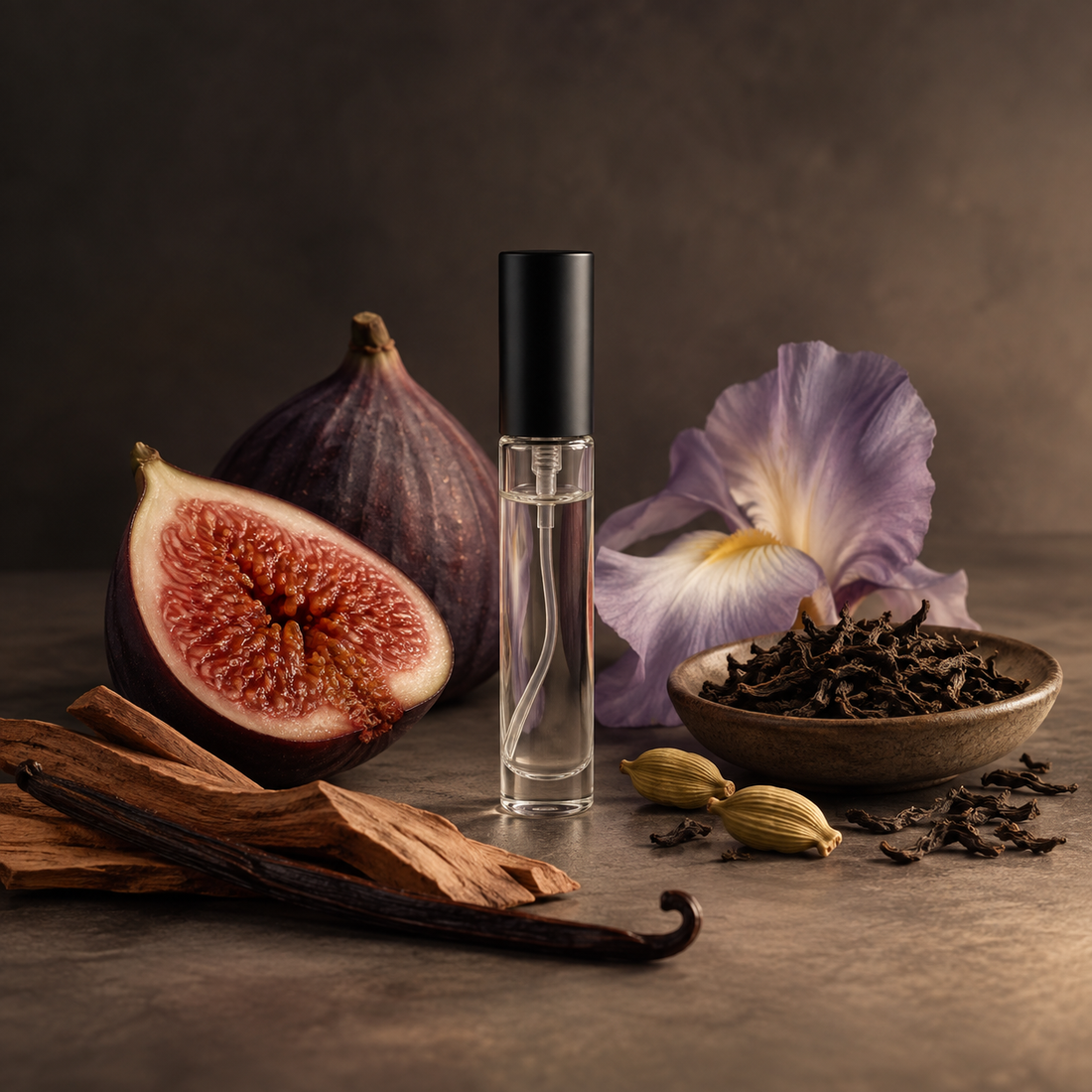 Fig, black tea, cardamom and iris beside an unbranded fragrance sample atomiser