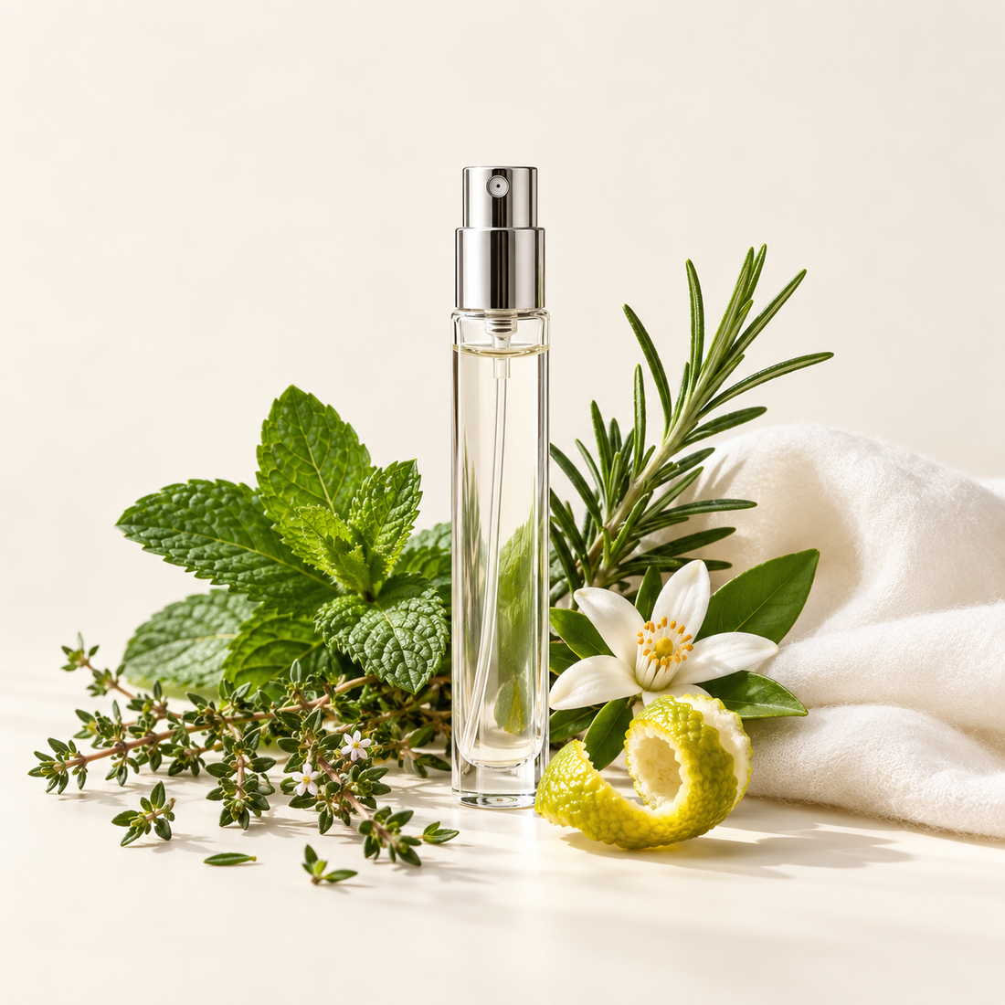 Mint, thyme, rosemary and bergamot beside an unbranded fragrance sample atomiser