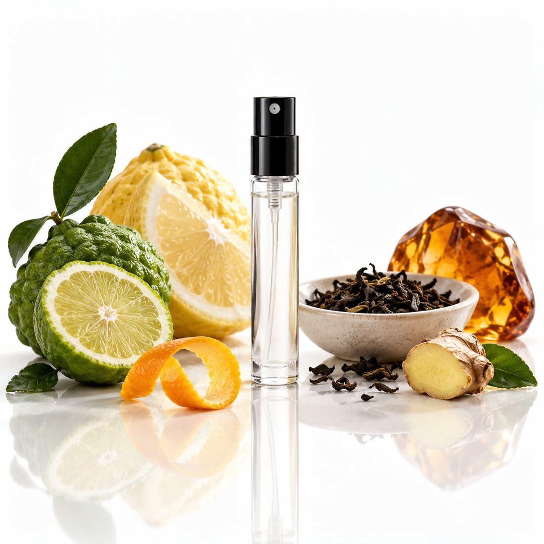 Citrus, black tea and amber beside an unbranded fragrance sample atomiser